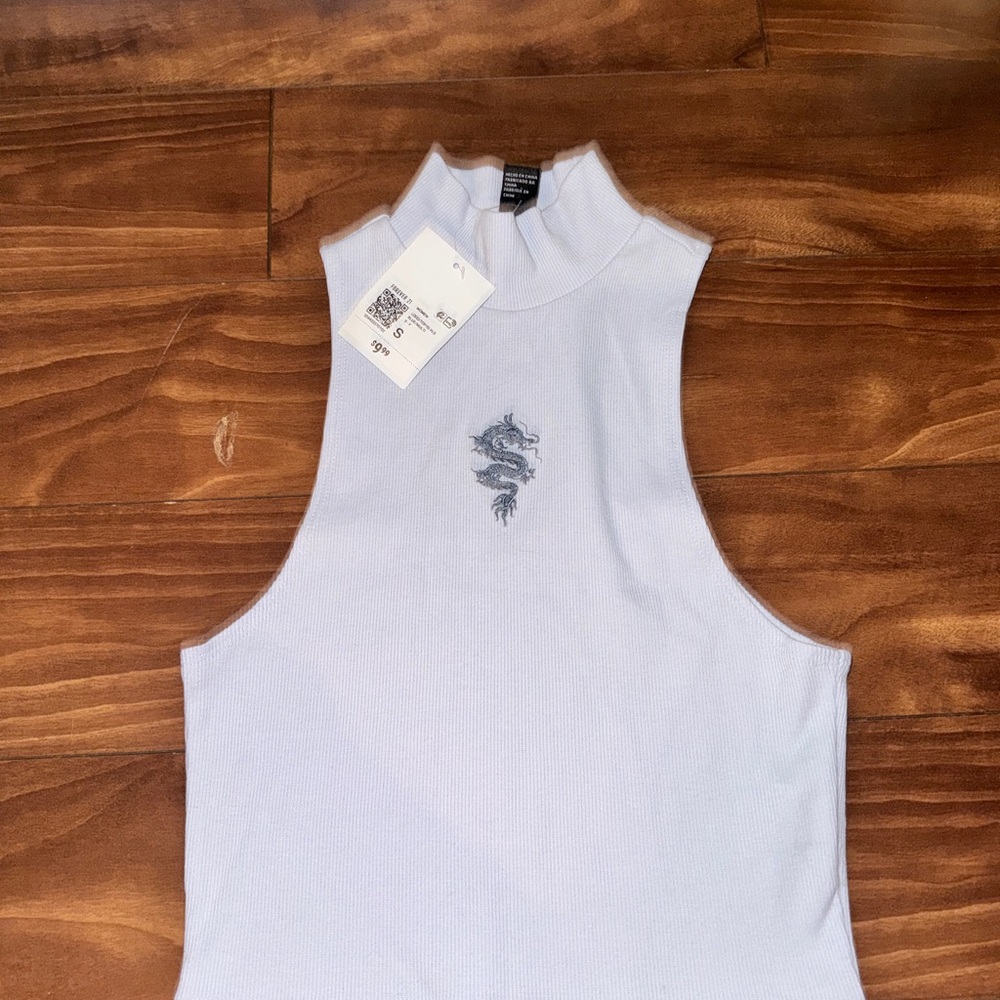 Forever 21 White Tank Top with Dragon Motif